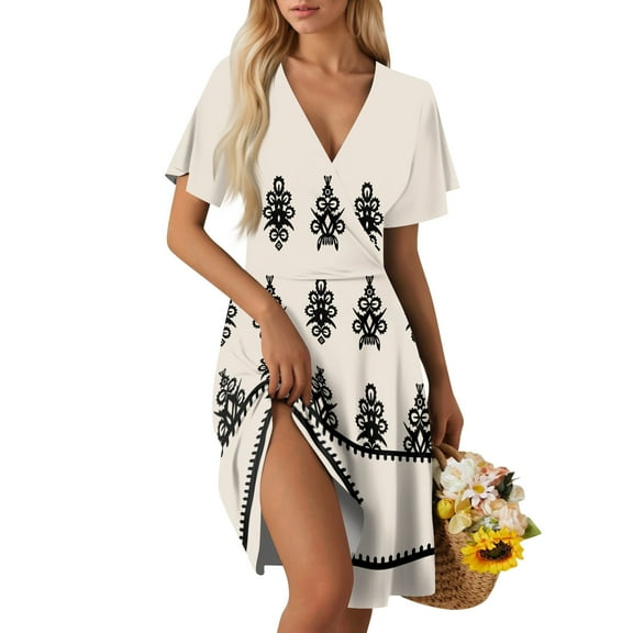Lodgix Summer Wrap Dresses for Women 2025 V Neck Knee Length Short Sleeve Dress Casual Short dresses Beige S