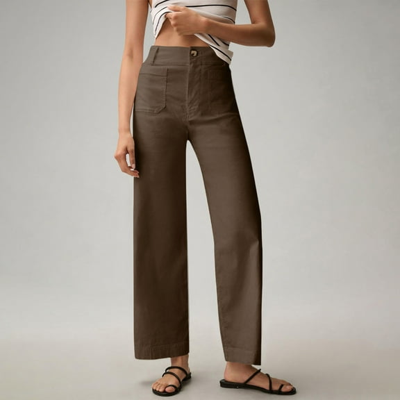 Lodgix Women Elastic Waist Flare Cropped Pants Bell Bottom Business Casual Trousers Pants with Pockets Coffee XL