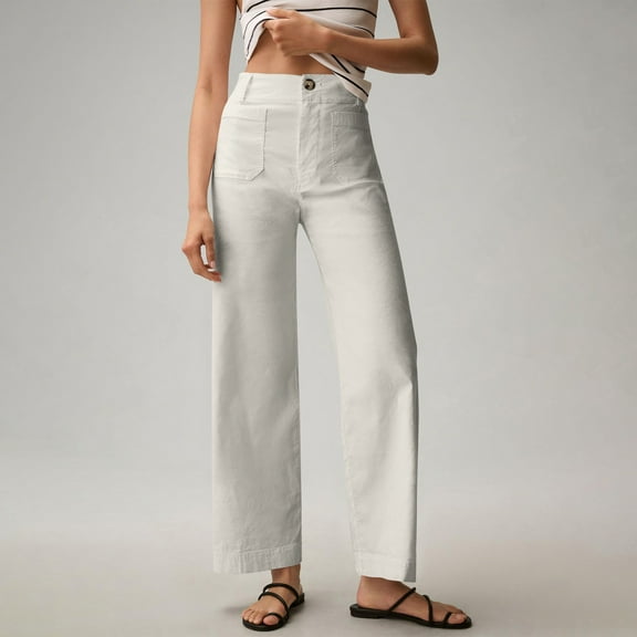 Lodgix Women Elastic Waist Flare Cropped Pants Bell Bottom Business Casual Trousers Pants with Pockets White L