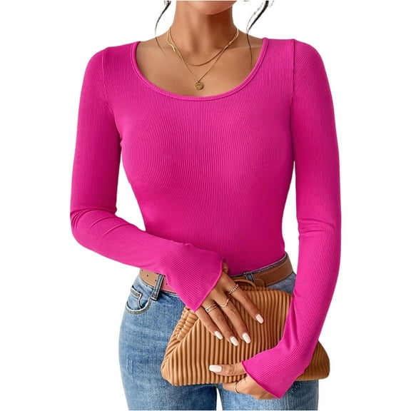 Lodgix Women Long Sleeve Scoop Neck Ribbed Knit Fitted Casual Tops Tee Slim Basic Shirts Hot Pink-L
