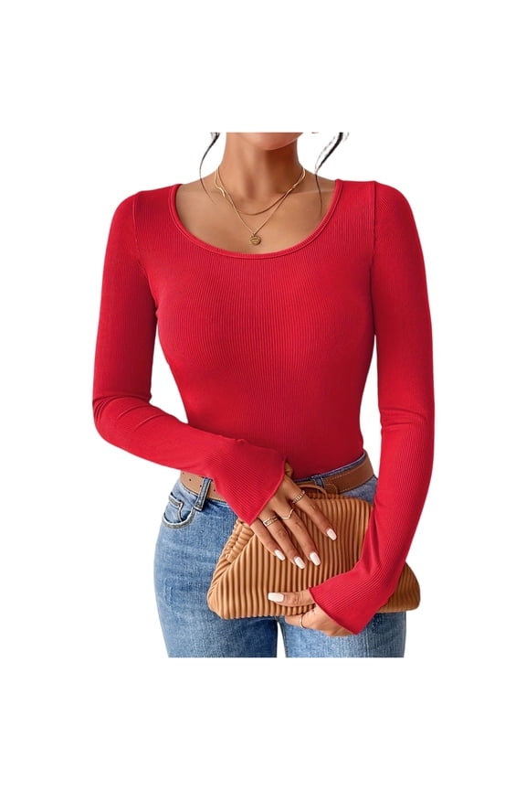 Women Long Sleeve Scoop Neck Ribbed Knit Fitted Casual Tops Tee Slim Basic Shirts Red-L