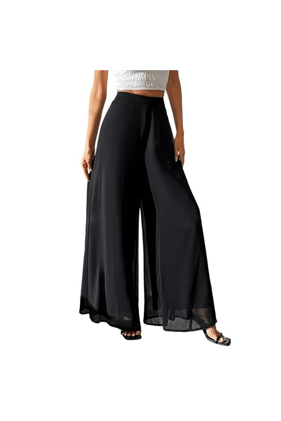 Women's Chiffon Dress Beach Wide Leg Palazzo Pants Elastic Waist Trouser Black-2XL