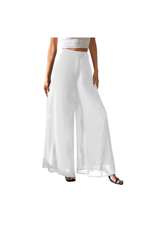 Women's Chiffon Dress Beach Wide Leg Palazzo Pants Elastic Waist Trouser White-XL