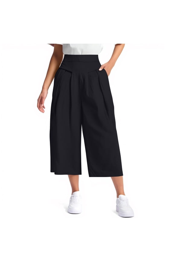 Women's Culottes Linen Cropped Wide Leg Pants Elastic Waist Casual Palazzo Trousers with Pockets Black 2XL