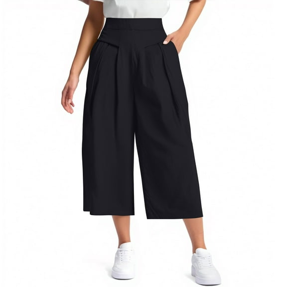 Lodgix Women's Culottes Linen Cropped Wide Leg Pants Elastic Waist Casual Palazzo Trousers with Pockets Black S