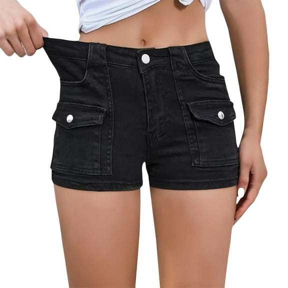 Lodgix Women's Stretchy Jean Shorts Mid Waisted Twill Shorts Stretch Junior Booty Denim Shorts with Pockets Club Night Black-M