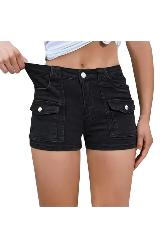 Women's Stretchy Jean Shorts Mid Waisted Twill Shorts Stretch Junior Booty Denim Shorts with Pockets Club Night Black-M