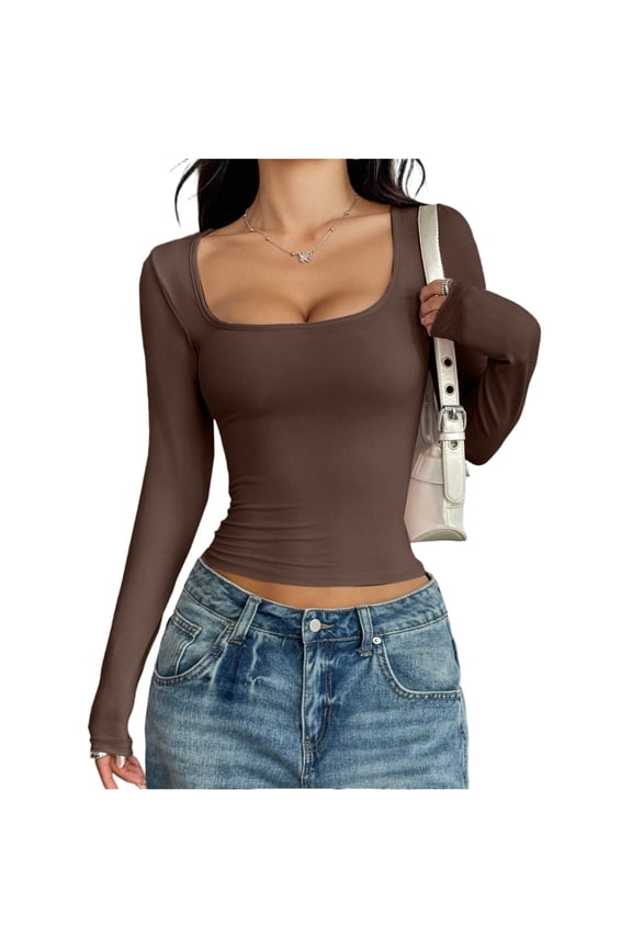 Womens Long Sleeve Shirts Crop Tops Square Neck Going Out Basics Tees Y2K Winter Clothes 2025 Brown-L