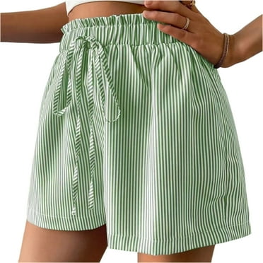 Lodgix Womens Striped Linen Shorts Summer Elastic Waist Drawstring Casual Loose Loungewear Shorts with Pockets Green XS