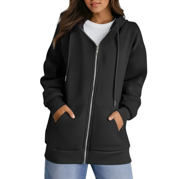 Lodgix Womens Zip Up Hoodies Oversized Fleece Jacket Winter Plain Y2k Hoodie Drawstring Hooded Sweatshirt with Pockets Black-XL