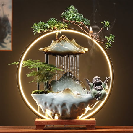 Lodintech Buddha Fountain Indoor Tabletop Water Fountain Indoor Waterfall with LED Light Pump Mist Incense Burner Waterfall Zen Decor for Meditation Relaxation, Purification, Meditation, Yoga Gift