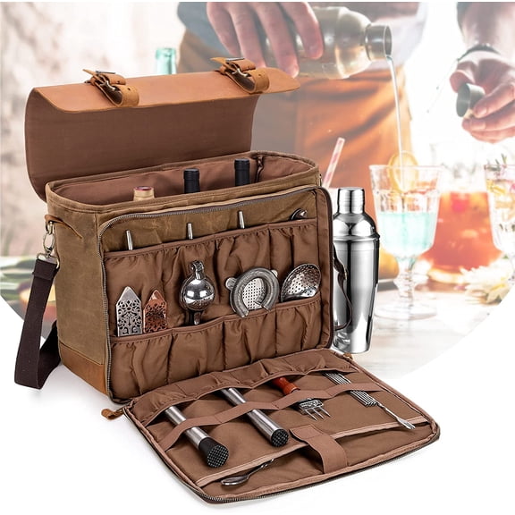 Lodrid Vintage Bartender Kit Bag with Flexible Compartments for Wine, Leather Waxed Canvas Bartender Tote with Removable Dividers, Bar Bag with Handle and Shoulder Strap, Case Only, Patent Design