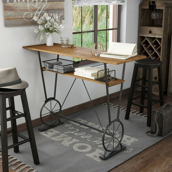 Lodz 1-Shelf Metal Bar Table, Warm Oak and Black