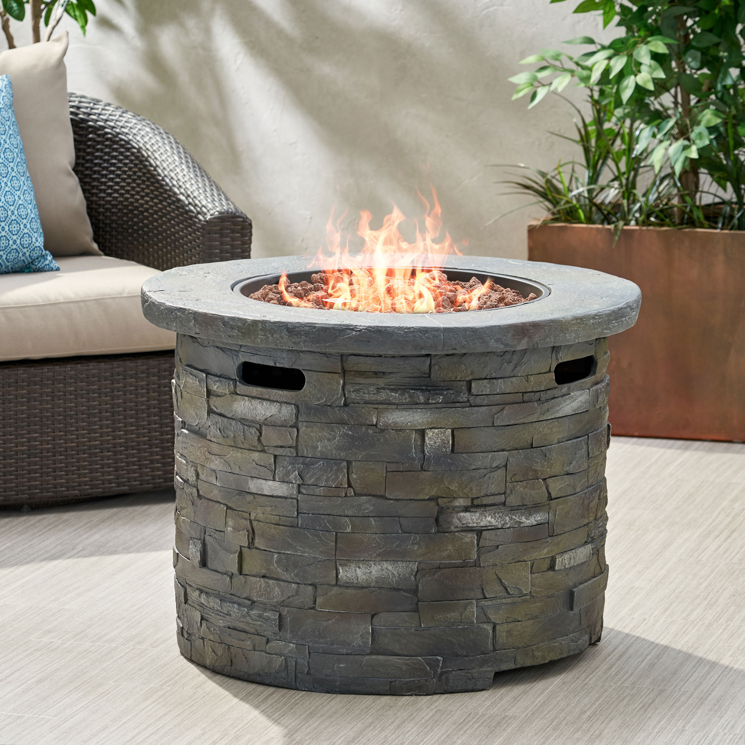 Loene Outdoor Circular Lightweight Concrete Fire Pit, Natural Stone ...