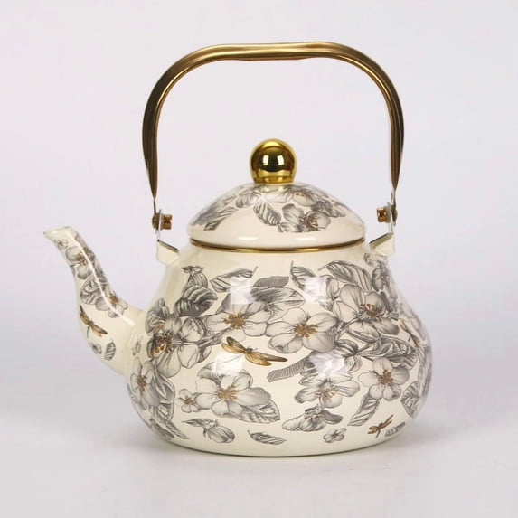 Loespoir 1.5L Vintage Enamel Stovetop Tea Kettle, Steel Stovetop Kettle with Floral Colorful Porcelain Enamel for Stovetop, Home Kitchen Decor, Whistling Teapot, Gift(A)