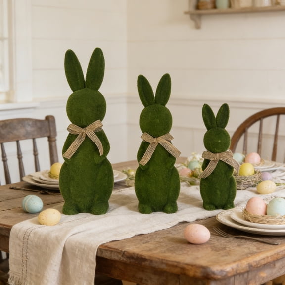 Loespoir 3pcs Simulated Flocked Easter Bunny Decorations, Desktop Ornaments for Easter Party Scene Decorations, Table Centerpiece, Spring Decor(Green)