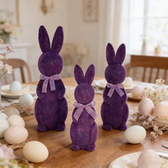 Loespoir 3pcs Simulated Flocked Easter Bunny Decorations, Desktop Ornaments for Easter Party Scene Decorations, Table Centerpiece, Spring Decor(Purple)
