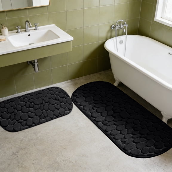 Loespoir 47.2IN 2 Pieces Memory Foam Bath Mat, Cobblestones Bathroom Rugs Super Absorbent, Machine Washable Bath Mats for Bathroom, for Shower(Black)