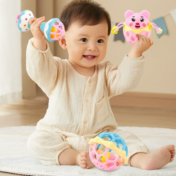 Loespoir Can Be Boiled To Soothe Early Childhood Education Toy, Soft Rubber Animals Grip Balls, Shaking Bells Toy, Sensory Play, Baby Gift(Pink)