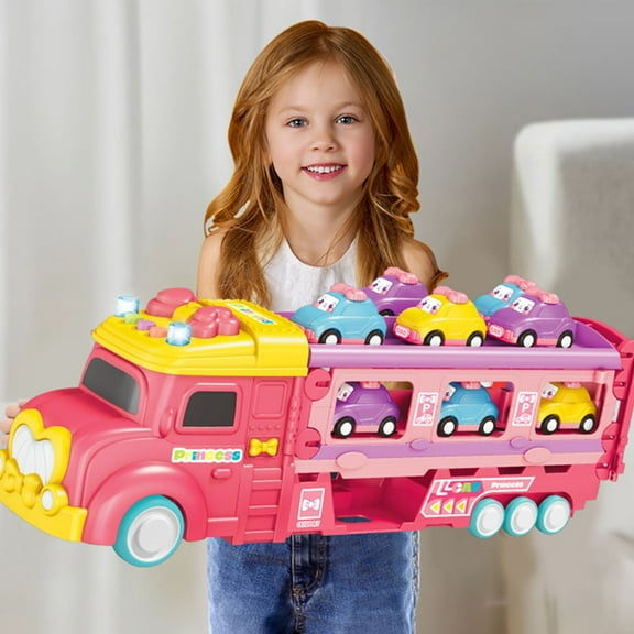 Loespoir Car Toys for Toddlers, Foldable Track Race Game, 2 Player Mode with Light Sound, Push Transport Truck with 6 Princess Cars for Girls Ages 2-7, Imaginative Play