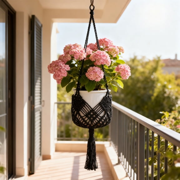 Loespoir DIY Woven Hanging Basket Kit, Macrame Plant Hanger Kit with Mesh Bag and Cord, for Flower Pots, Indoor Decor, Outdoor Patio, Boho Home Decor(Black)