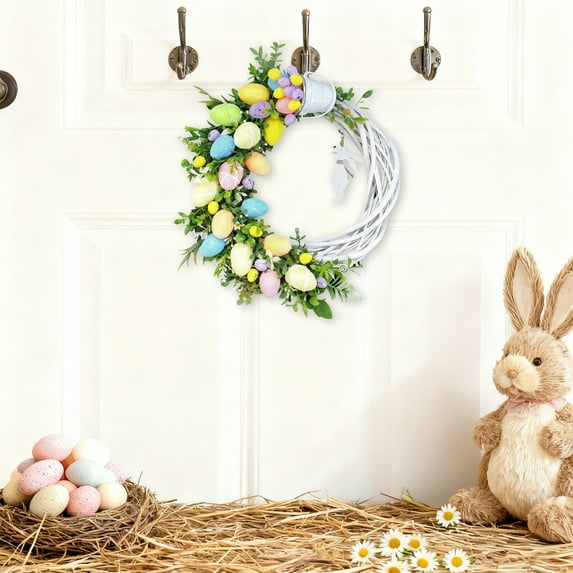 Loespoir Easter Bunny Wreath, Pastels Front Door Sign, Floral Garland Egg Wreath For Spring Home Decor, Indoor Outdoor, Holiday, Family Celebration, Welcome(Green)