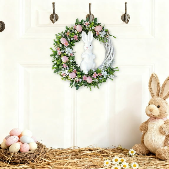 Loespoir Easter Bunny Wreath, Pastels Front Door Sign, Floral Garland Egg Wreath For Spring Home Decor, Indoor Outdoor, Holiday, Family Celebration, Welcome(Pink)
