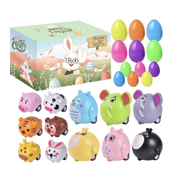 Loespoir Easter Carts Set 12 Colourful Eggs, Contains 12 Cute Carts Festive, Pull-Back Egg Cars, for Kids, Party Favors, Spring Fun, Play, Sturdy Plastic