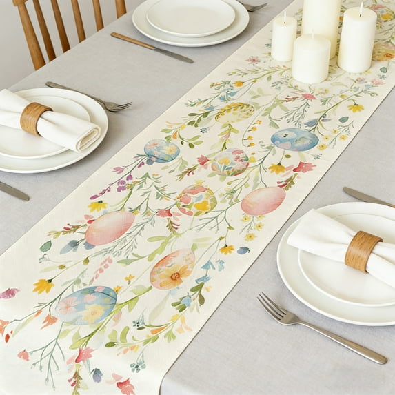 Loespoir Easter Table Runner, Spring-themed Table Runner with Rabbits, Linen Material Dining Table Cover, For Easter Home Decoration, Holiday Dinner, Brunch Table Setting(A)