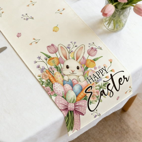 Loespoir Easter Table Runner, Spring-themed Table Runner with Rabbits, Linen Material Dining Table Cover, For Easter Home Decoration, Holiday Dinner, Brunch Table Setting(B)