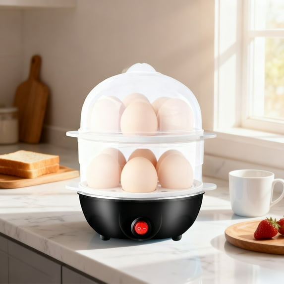 Loespoir Egg Cooker, Stainless Steel Boiled Egg Maker, Double Layer Breakfast Appliance For Home, Kitchen, Soft Or Hard Eggs(Black)