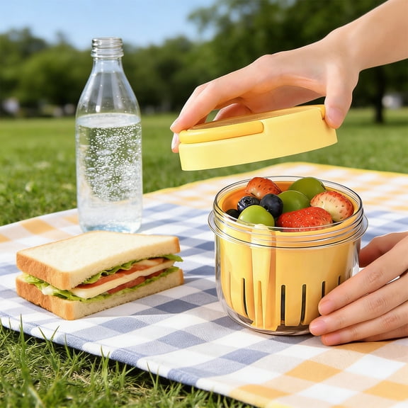 Loespoir Fruit Storage Cup, Portable Container With Built In Strainer Two Layer Design, Leak Proof Picnic Berry Grape Keeper For Travel Lunch Box Outdoor Snack