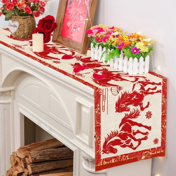 Loespoir Happy Chinese New Year Table Runner, Festive Dining Table Decor, Kitchen Table Runner For Family Gatherings, Celebration, Holiday(D)