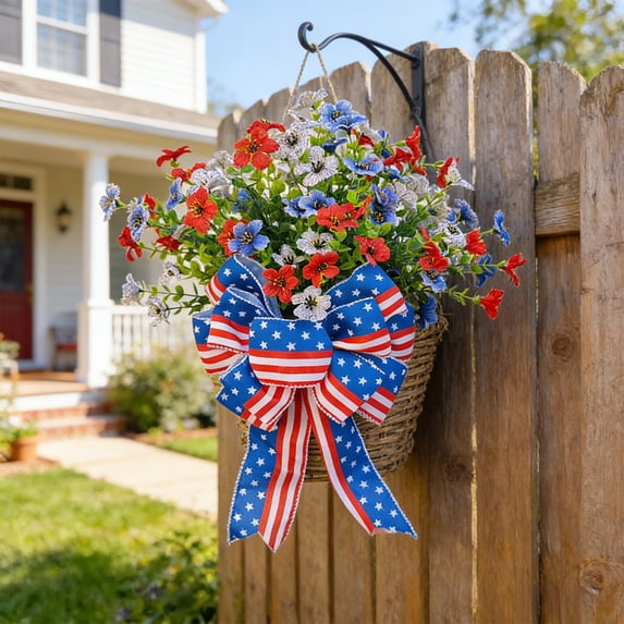 Loespoir Independence Day Flower Imitation Basket, Border Home Decoration with Red White Blue Wheats Ears, Hanging Upside Down Door Wreath, Patriotic