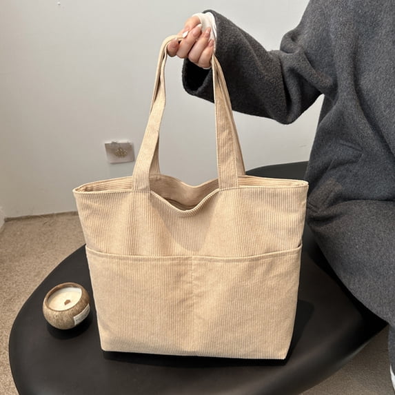 Loespoir Large Capacity Corduroy Bag, Solid Color Handbag, Stylish Shoulder Tote Bag for Students, Women Commuters, Daily Storage, Work, School, Shopping Trip(Khaki)