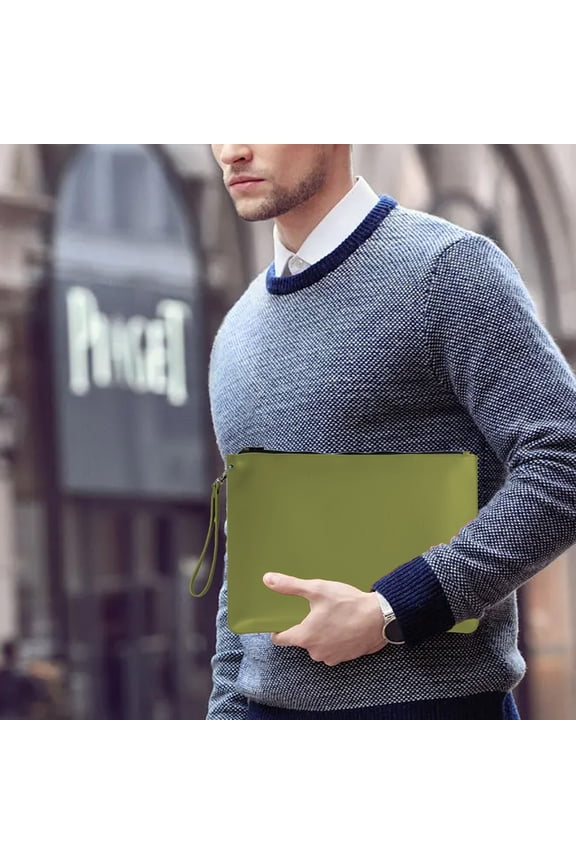 Leather Document Bag, Business Meeting Briefcase Folder, Portable Zippered File Bag, for Office Use, A4 Documents, Waterproof Storage, Large Capacity(Olive Green)