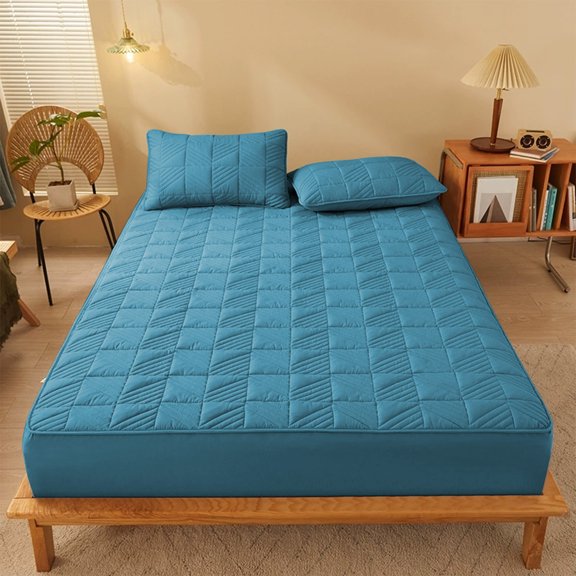 Loespoir Quilted Fitted Sheet, Washed Cotton Solid Color Bed Cover, Skin-friendly Breathable Non-slide Thickened Cover, Dirt-proof Protection For Home Use(Blue)