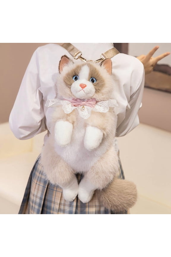 Ragdoll Backpack Toy, Cute Kitty Double Shoulder Bag Doll for Girls, Plush Backpack, Pretend Play, Dress Up, Birthday Gift, Children's Toy, Fun Accessory(Beige)
