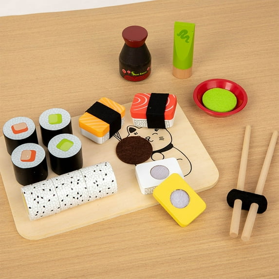 Loespoir Realistic Wooden Kitchen Playset, Sushi Themed Cooking Simulation Toy, Interactive Food Preparation Game for Creative Play, with Multiple Tools and Accessories