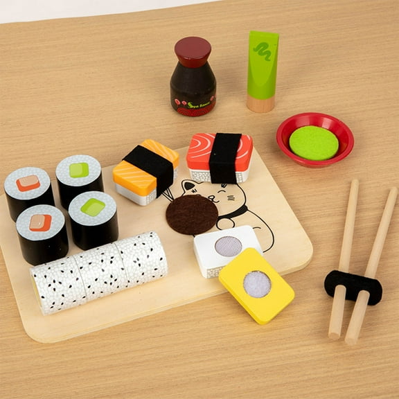 Loespoir Realistic Wooden Kitchen Playset, Sushi Themed Cooking Simulation Toy, Interactive Food Preparation Game for Creative Play, with Multiple Tools and Accessories