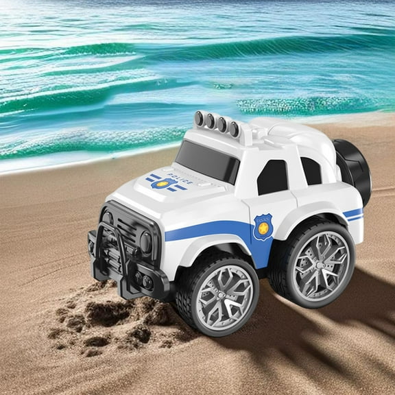 Loespoir Rotating Stunt Friction Powered Police Car, Off Road Vehicle Toy for Kids, Action Play Ride On for Boys, Indoor Outdoor Activity, White