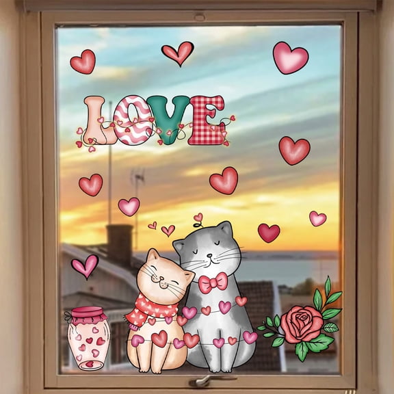 Loespoir Valentines Day Product Happy Cats Window Stickers, Shopping Showcase Glass Party Electrostatic Stickers, Decorative Cling Decals For Store, Home, Removable(A)