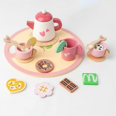 Loespoir Wooden Pretend Play Tea Set, Afternoon Social Interaction Toy, Pastel Style Serving Tray with Multiple Accessories, for Creative Role Play and Family Bonding(Pink)