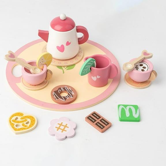 Loespoir Wooden Pretend Play Tea Set, Afternoon Social Interaction Toy, Pastel Style Serving Tray with Multiple Accessories, for Creative Role Play and Family Bonding(Pink)
