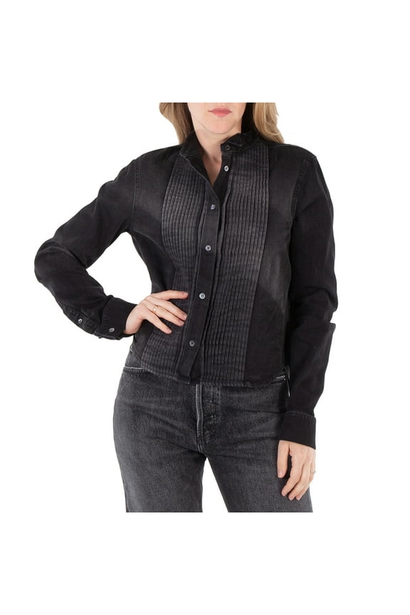 Pleated Wingtip Collar Denim Shirt, Brand Size 38 (US Size 6)