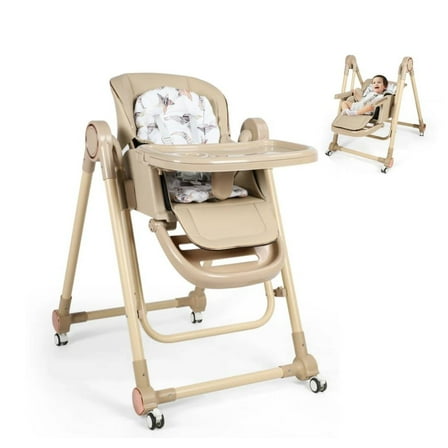 Loewten 3-in-1 Baby High Chair,Convertible Baby Swing,Foldable Infant Dining Chairs Seat with Wheels for Babies and Toddlers,Brown