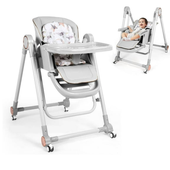 Loewten 3-in-1 Baby High Chair,Convertible Baby Swing,Foldable Infant Dining Chairs Seat with Wheels for Babies and Toddlers,Gray
