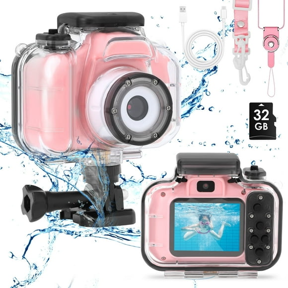 Loewten Kids Camera Waterproof Pool Toy, Children Digital Video Camera with 2 Cartoon Soft Silicone Cover 32G Girls Boys,Pink