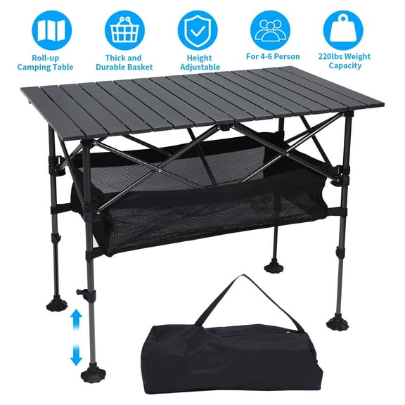 Loewten Camping Table with Adjustable Height 22"-30, Wide Feet, Storage & Carrying Bags for Picnic, BBQ, Beach, Backyard, Party
