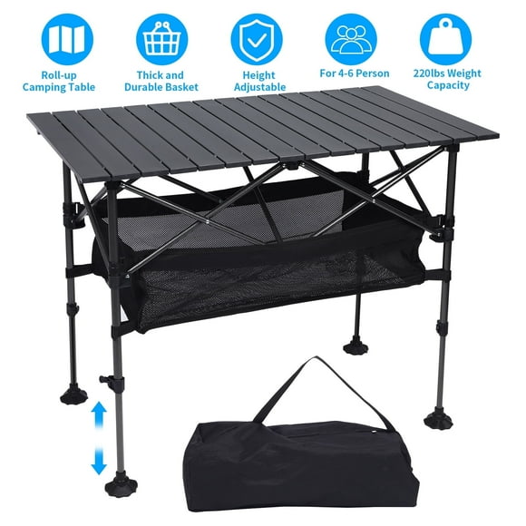 Loewten Camping Table with Adjustable Height 22"-30, Wide Feet, Storage & Carrying Bags for Picnic, BBQ, Beach, Backyard, Party